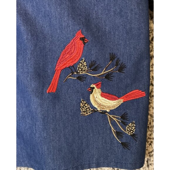 Blair Large Blue Denim Embroidered Button‎ Top Cardinals Birds Pockets Roll Tab - Picture 3 of 9
